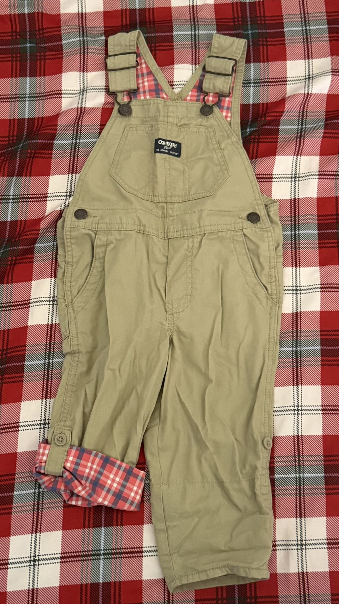 2T OshKosh Unisex Overalls with Plaid Liner
