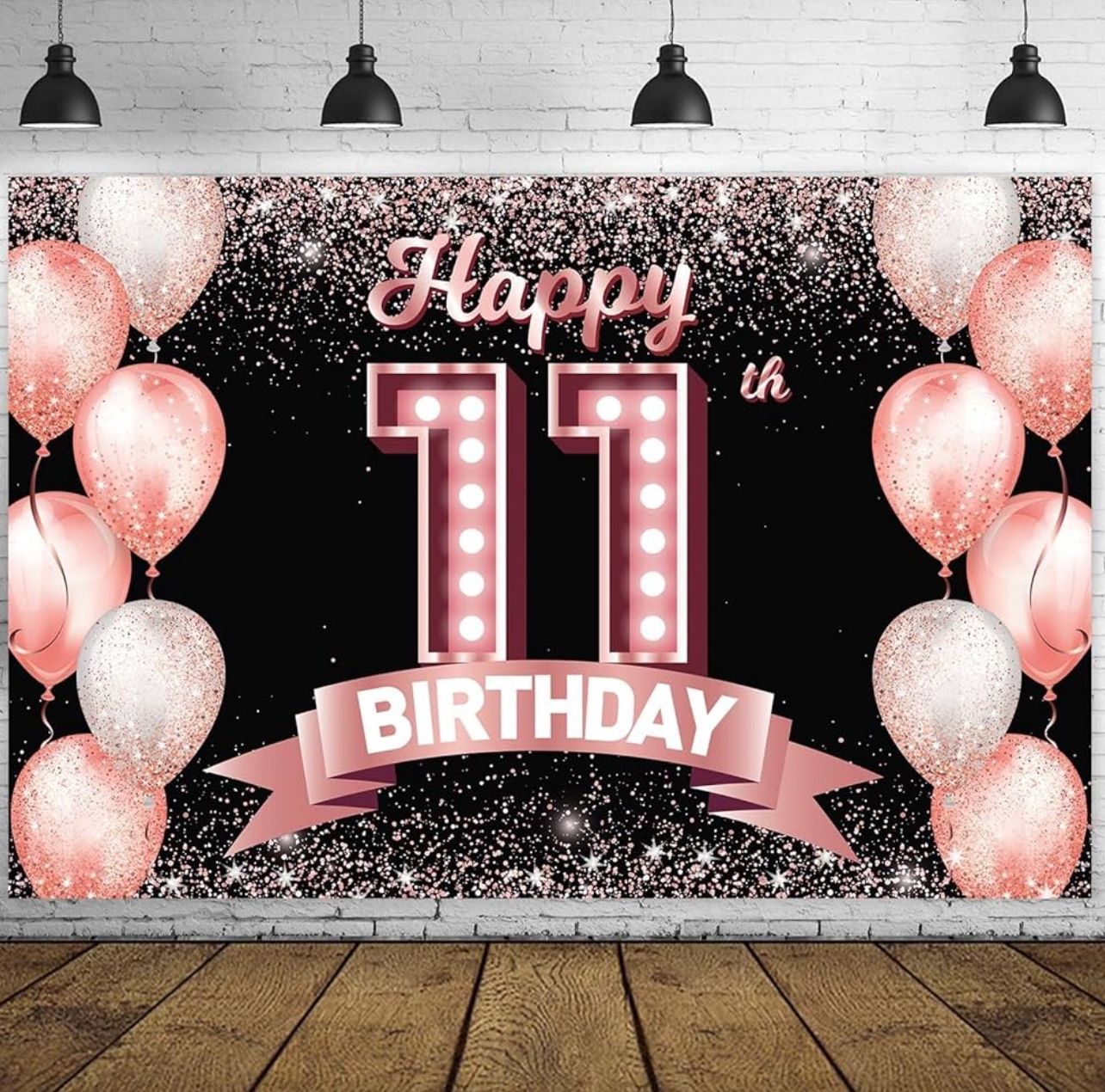 Happy 11th Birthday Rose Gold Banner Backdrop Cheers to 11 Years Old Confetti Balloons Theme