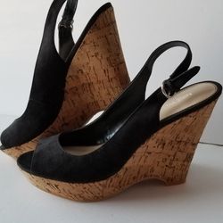 Nine West Black Suede Cork Wedge Slingback Heels 