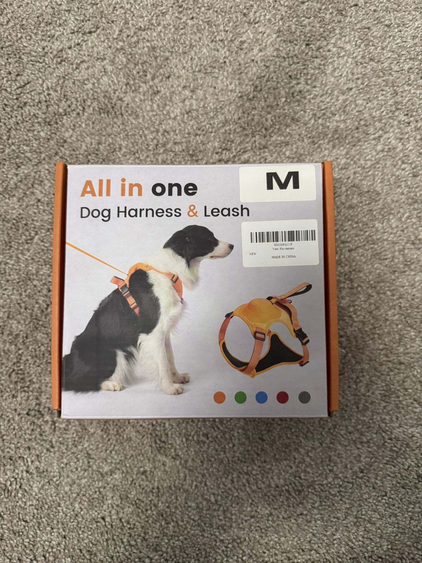 New never used orange medium all in one dog harness and leash