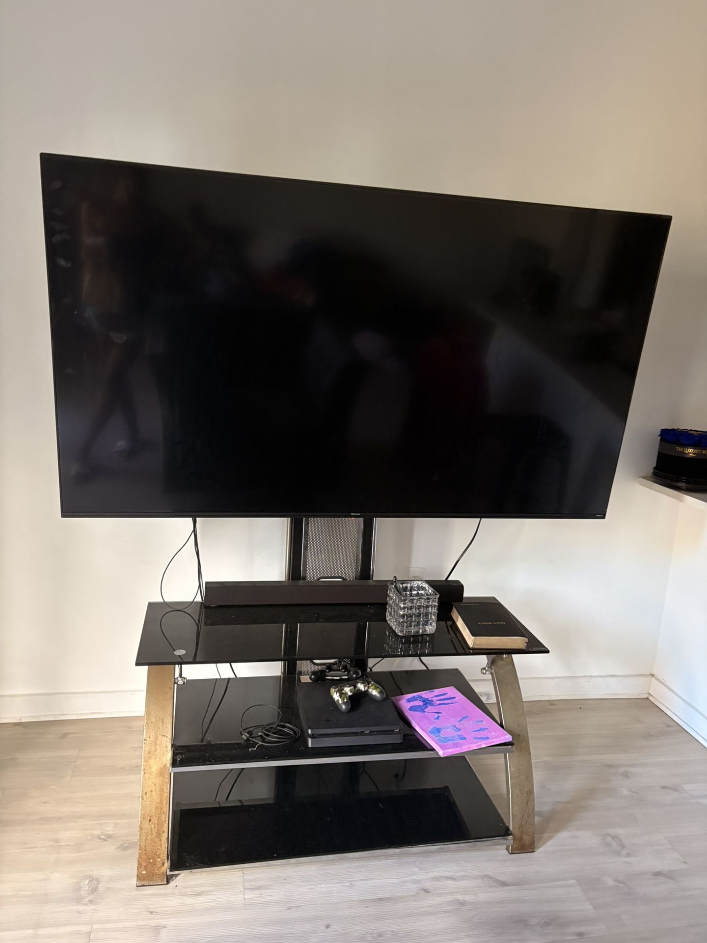 Modern Glass TV Stand with Metal Frame