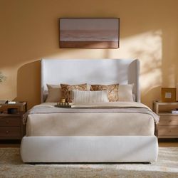 Queen Upholstered Wingback Bed Frame, 52" Headboard Platform Bed Ivory White