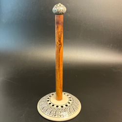 Vtg Black & White Ceramic Wood Paper Towel Holder Boho Farmhouse Rustic 14"
