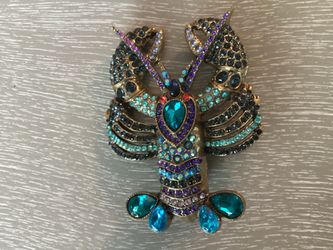 Large, Unique & Vintage Inspired Enamel Lobster Brooch W/ Purple, Aqua & Turquoise Rhinestones
