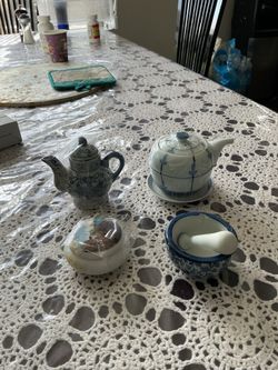 Blue and White Ceramic Teapot and Mortar and Pestle Set
