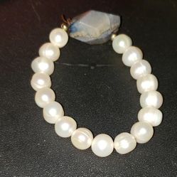 GENUINE WHITE PEARL BLUE QUARTZ CRYSTAL GEMSTONE GEM STONE STRETCH BRACELET