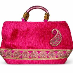 Pink Gold Embroidered Beaded Top Handle Bag Paisley Women Indian Designer