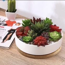 6 inch White Ceramic Flower Planter Pot with Bamboo Tray, Pack of 2 - Plants Not Included