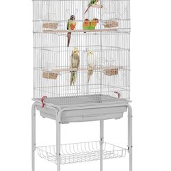  64-inch Open Play Top Bird Cages for Parakeets Cockatiels Finches Lovebirds Canaries Conures Budgies Parrot Birdcage w/Detachable Rolling Stand, Whit