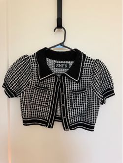 Smfk black and white grid cropped cardigan