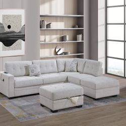 F8486. OFF WHITE SECTIONAL SOFA WITH OTTOMAN