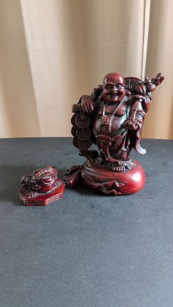 Vintage Faux Cinnabar Red Resin Feng Shui Laughing Buddha & Three-Legged Money Toad Set