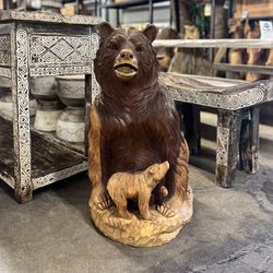 Solid Wood Hand Carved Bear With Cub Sculpture