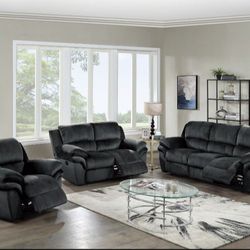 Brand New Black Padded Suede 3pc Reclining Sofa Set