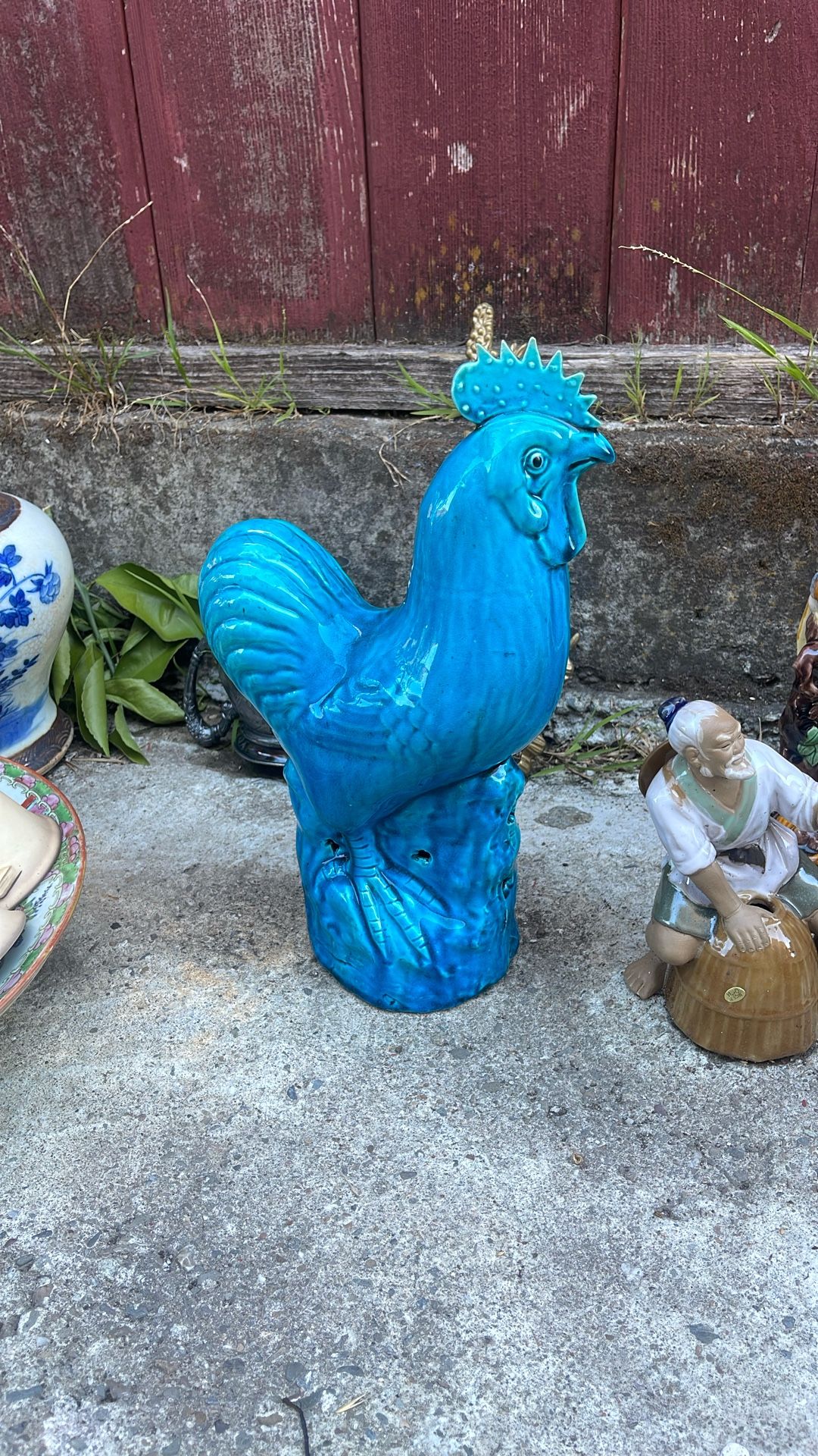 Blue ceramic rooster collectible
