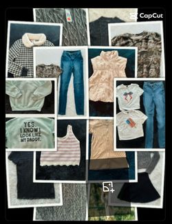 ALL SIZE 10/12 ( or equivalent ) Total of 13 items ( 3 new w/tags)!! 4 sweaters 1 brown puffer vest 1 pair blue jeans 6 shirts 1 skirt Brands such