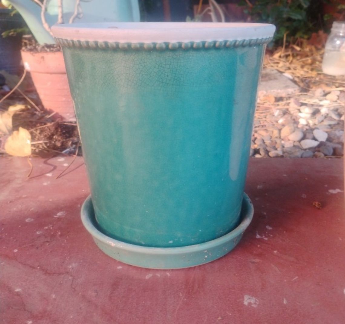 Vintage Plant Pot Aqua Blue Pot 6” T