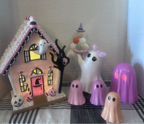 Pink Halloween decor group gingerbread house and ghosts