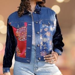 Carole Little Denim Jacket Asian Orient Motif Velvet Beaded Long Sleeve Sz 8