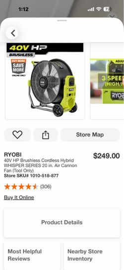 RYOBI 40V HP Brushless Cordless Hybrid WHISPER SERIES 20 in. Air Cannon Fan (Tool Only)