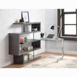 💎ROLL OUT MODULAR DESK S-DESIGN BOOKCASE OFFICE CLEAR GLASS CHROME GRAY FINISH💎
