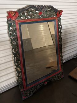 Large Antique Carved Chinese-Style Mirror with Dragons – Vintage
