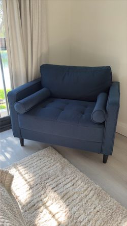 Blue Fabric Oversized Accent Chair with Bolster Pillows