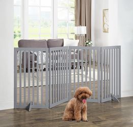 NEW!! unipaws Freestanding Wooden Dog Gate, Foldable Pet Gate with 2Pcs Support Feet Dog Barrier Indoor Pet Gate Panels for Stairs, Light Gray