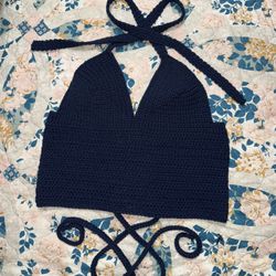 Medium Crochet Navy Blue Crop Top