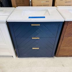 Brand New Bathroom Vanity “30” in Navy Blue with 3 modern drawers and Vanity Top in White $489 