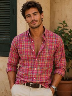 Ralph Lauren Men Plaid Madras Button Down Shirt Size Medium Pink Multicolor LS