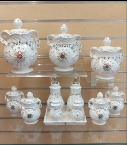12pc _ Kitchen Canister / Storage Jar / Container set ( NEW ) ceramic. White / Teal / red. Porcelain