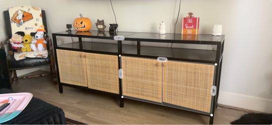 Black Metal and Rattan Media Console