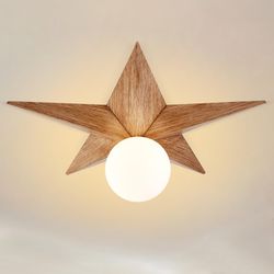Luvkczc Flush Mount Ceiling Light - 15in Industrial, light brown wooden Metal Star Ceiling Lamp