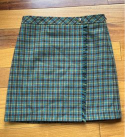 Talbots Plaid Wool Wrap Mini Skirt with Fringe