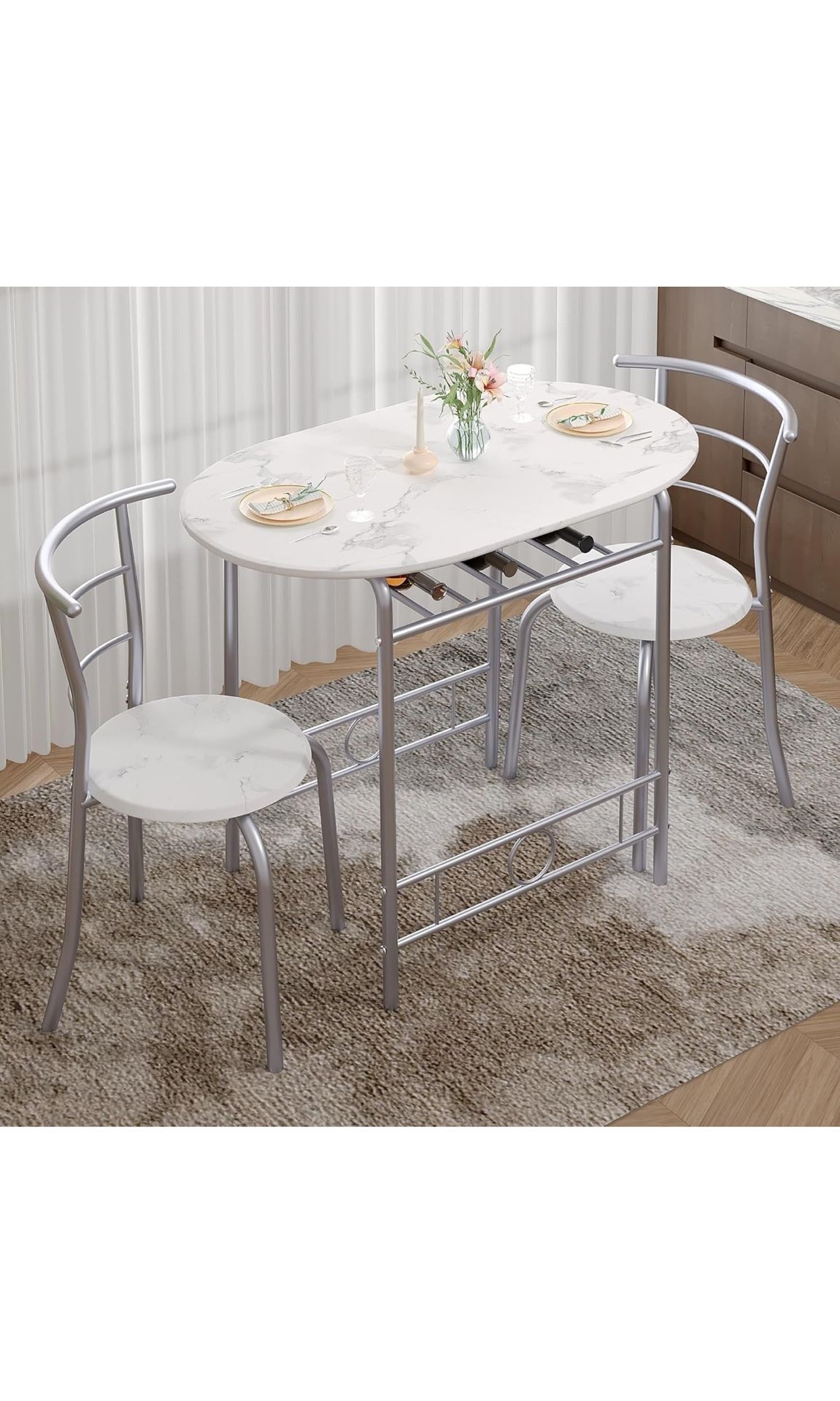 3-Piece Dining Table Set for Kitchen Breakfast Nook, Wood Grain Oval Tabletop and Metal Frame, Built-in Wine Rack, Black(White+Silver) š°$60 Warehous