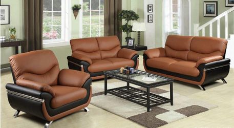 Brand New Brown & Black Leather 3pc Modern Style Sofa, Loveseat & Chair