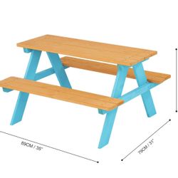 Teamson Kids - Wooden Outdoor Child Children Kids Picnic Table & Chair Bench Set - Brown/Aqua