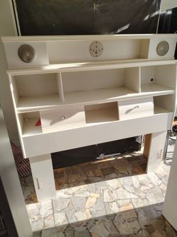 White Bookcase Headboard with Built-In Speakers