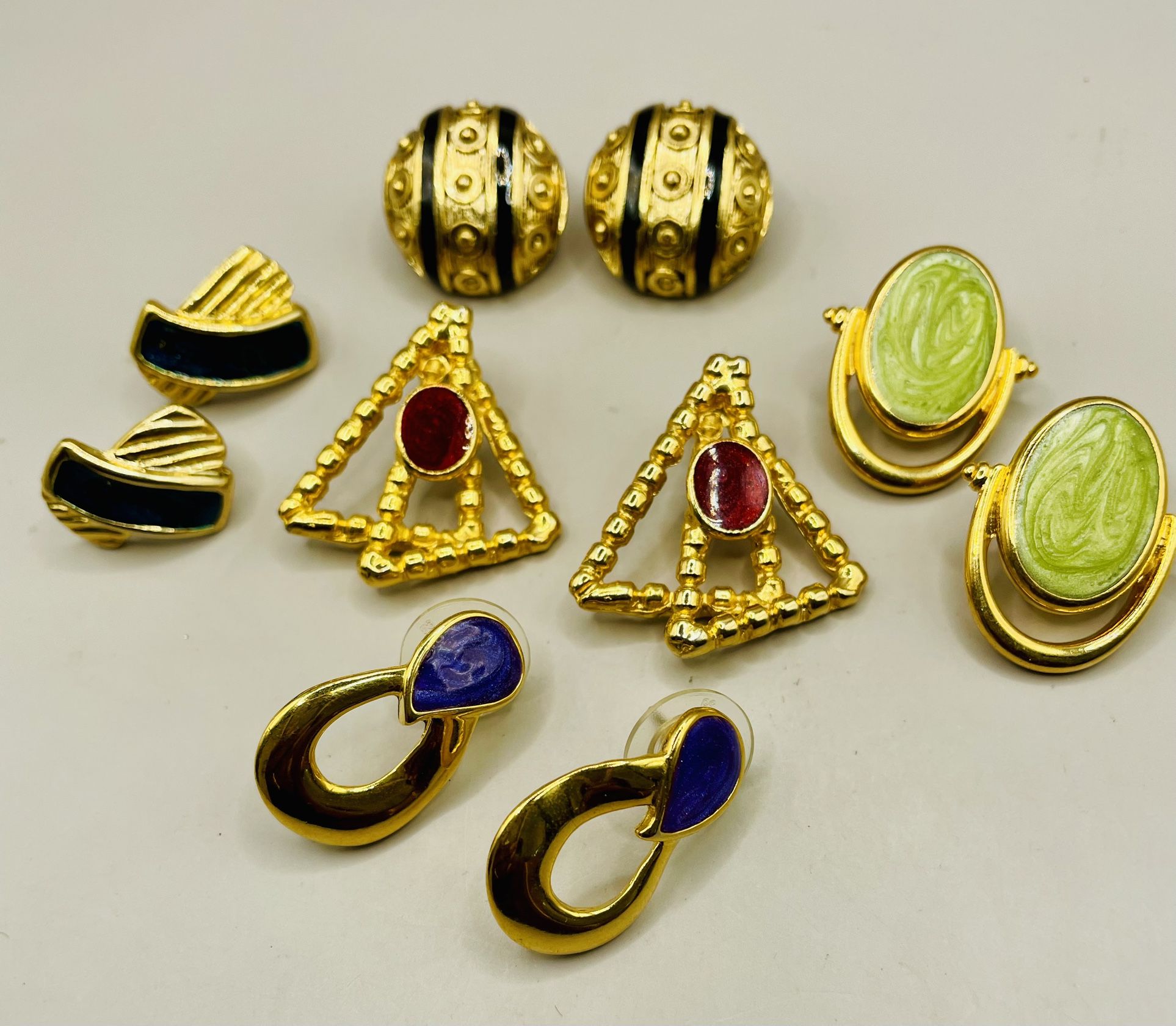 Gold Tone 5 Pair Vintage “Work Week” Enamel And Gold Earrings