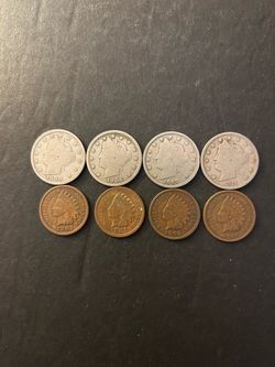 Coins - Indian pennies (4 different dates) and Liberty V Nickels - (4 different dates ) – Total 8 Coins