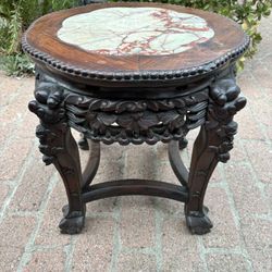 Carved Wood Table With Scalloped Edge Marble -18x18 Inch -3 Inch Hairline Crack In Cream & Sienna Colored Marble See Pic 