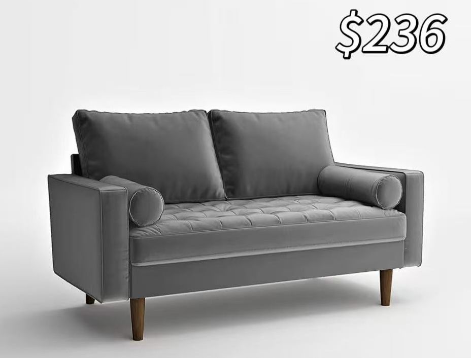 😀 Womble 58 Inch Velvet Loveseat Sofa with Elegant Button Tufted Upholstery, Square Arms, Splayed Wood Legs, Includes Matching Bolster Pillows, Grey