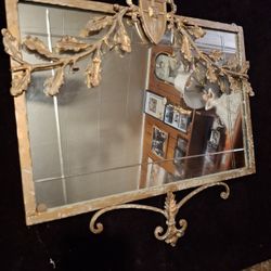 Antique French Rod Iron Crest, Leaved Mirror 25 Inch By 25 Inch