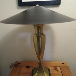 UNIQUE RARE VINTAGE PAIR OF BRASS LAMPS W/METAL SHADES.  MCM  EXCELLENT CONDITION!