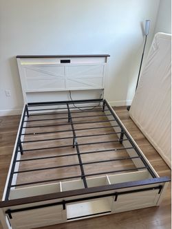 Modern Queen LED Platform Bed Frame w/ Storage Headboard & Sliding Barn Doors – White/Espresso Finish