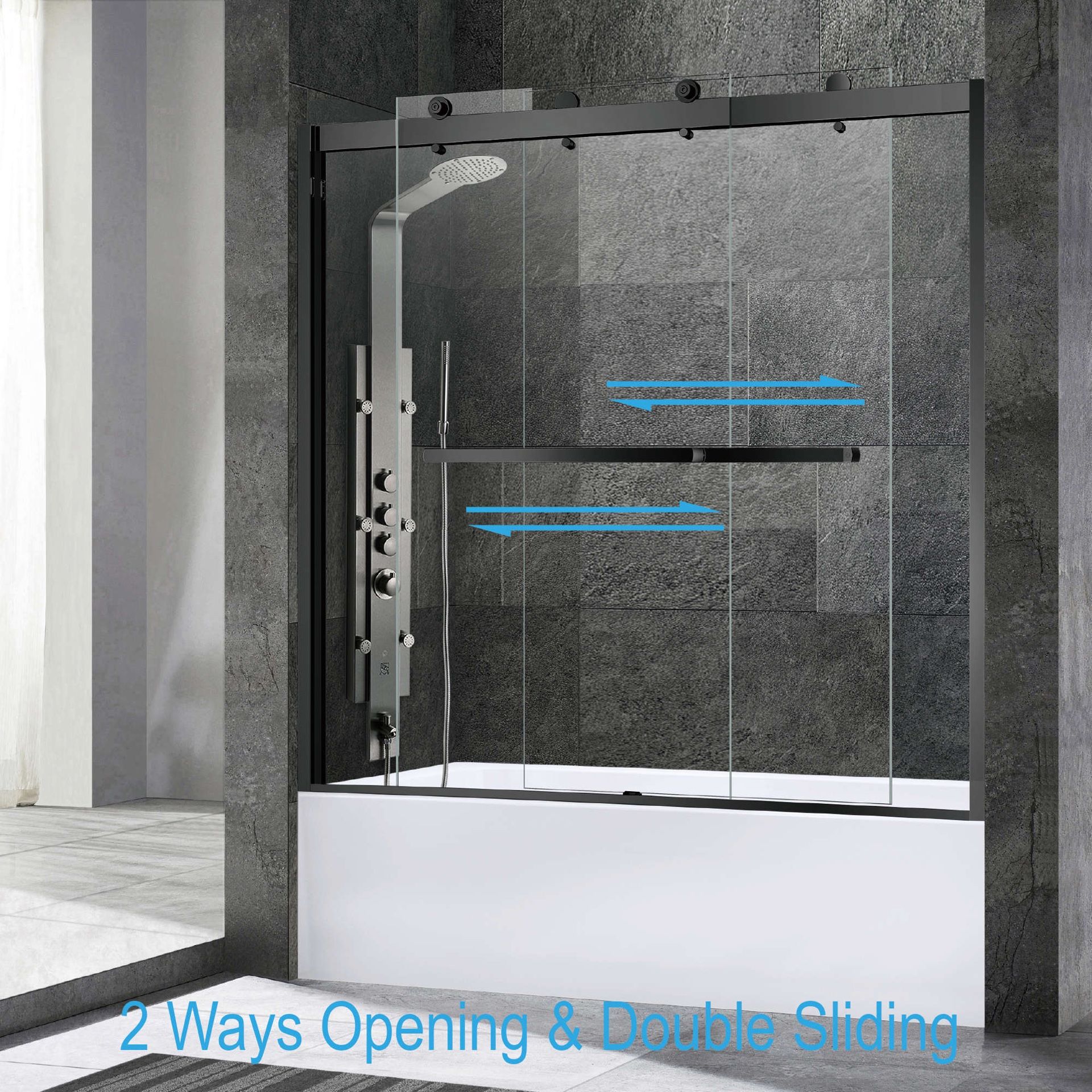 SDD6062-MBL Frameless Bathtub Shower Doors 56-60" Width x 62"Height with 3/8"(10mm) Clear Tempered Glass, 2 Ways Opening & Double Sliding in Matte Bla