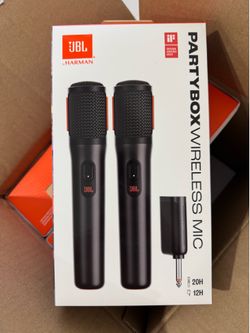 New JBL Partybox Wireless Mic set. Has two wireless microphones and a receiver. Compatible with all JBL Partybox speakers. Features clear voice, stabl