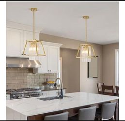 Set of 2 Bieocur 4-Light Modern Chandelier E12 Base 11.8in - Gold Trapezoidal Ceiling Light Fixture with Clear Glass,Elegant Adjustable Pendant Hangin