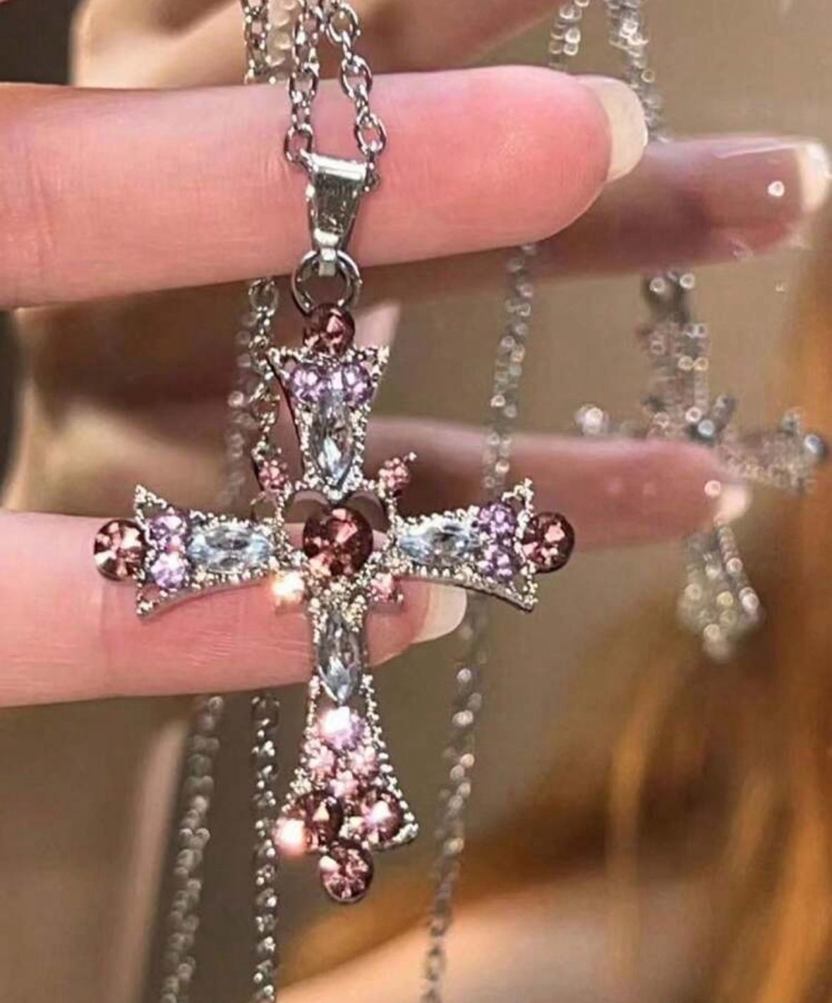 Pink Jeweled Cross Necklace